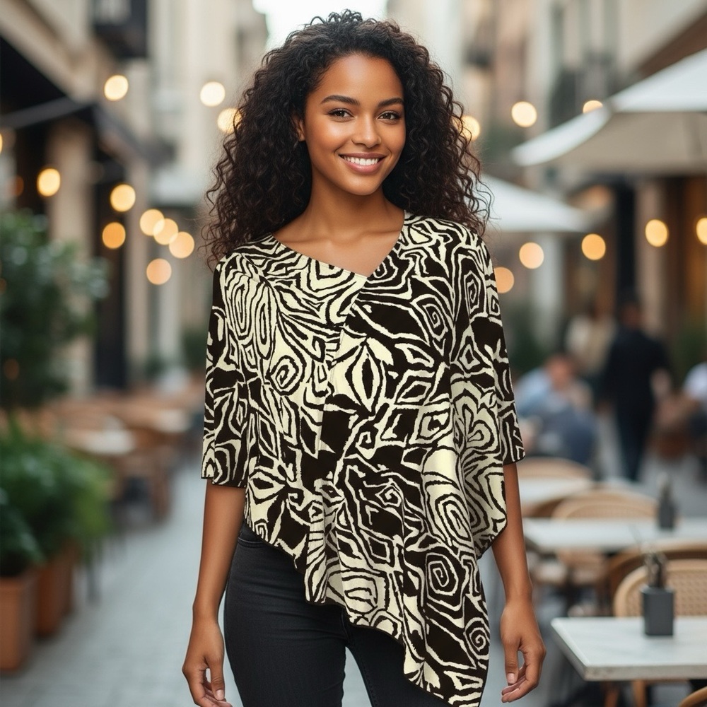 Chico's Asymmetrical Cream Black Open Poncho One Size